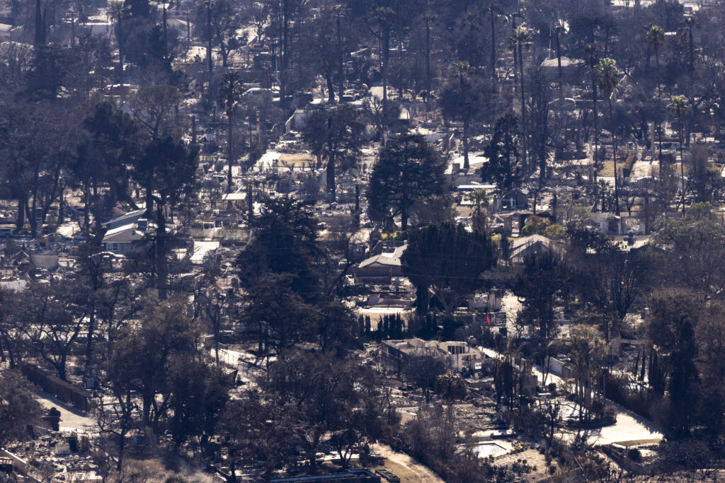 A picture taken from the Angeles National Forest shows an entire neighborhood of Altadina destroyed by the Eaton Fire, North of Altadina, California, on January 13, 2025. | Photo by ETIENNE LAURENT / AFP