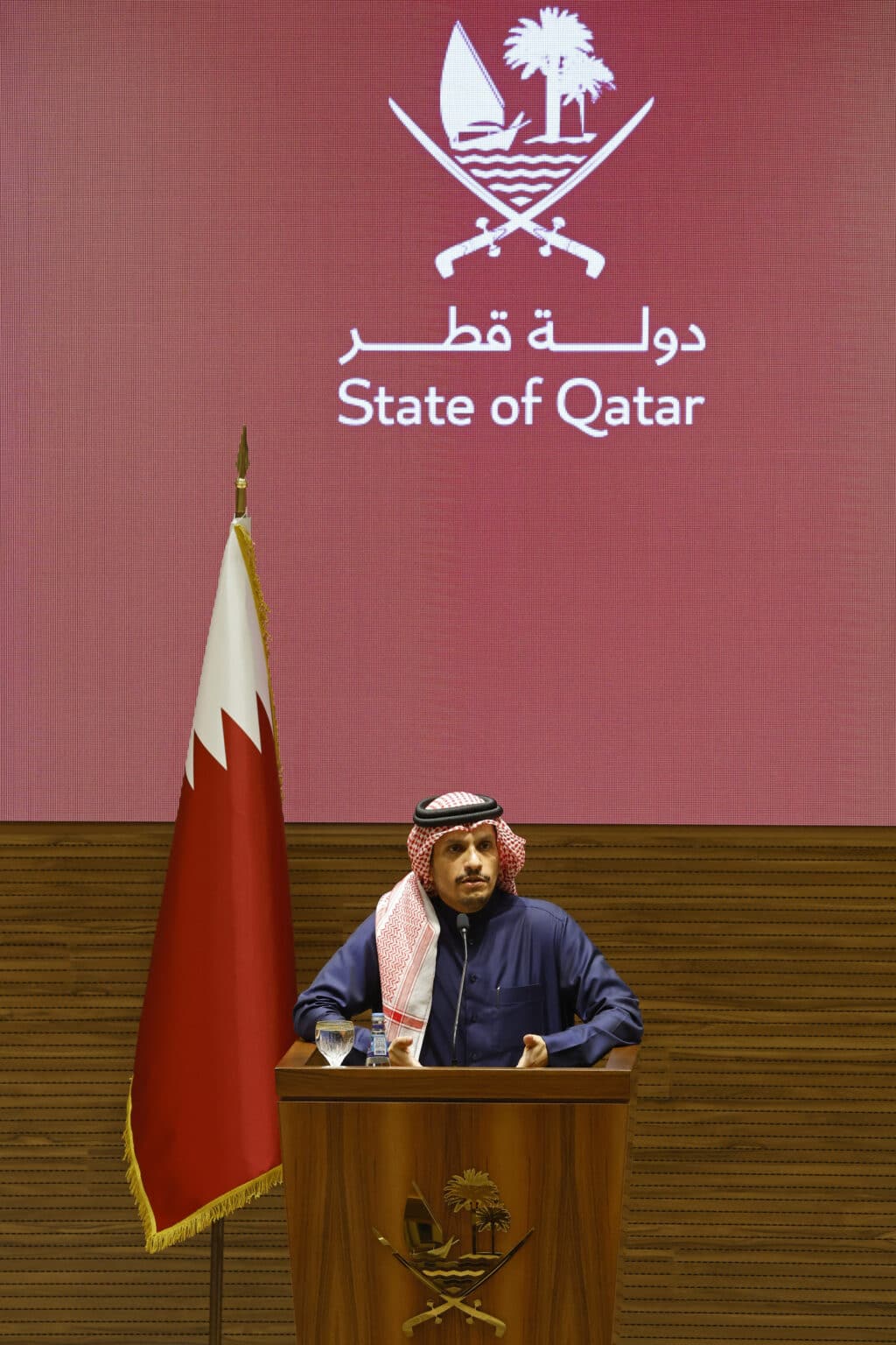 Qatars Prime Minister Sheikh Mohammed bin Abdulrahman bin Jassim Al-Thani confirms in a press conference that Israel and Hamas have agreed to a ceasefire in Gaza starting on January 19, 2025 and a hostage and prisoner exchange after 15 months of war. (Photo by KARIM JAAFAR / AFP)