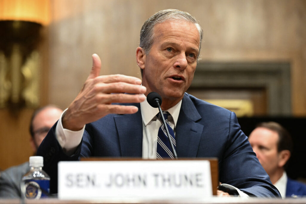 Trump's 1st law to sign? Migrant detention bill advanced by US Senate. In photo is Senate Majority Leader John Thune, Republican from South Dakota, speaking as he introduces South Dakota Governor Kristi Noem during a Senate Homeland Security and Governmental Affairs Committee hearing on her nomination to be Secretary of Homeland Security, on Capitol Hill in Washington, DC, on January 17, 2025. | Photo by SAUL LOEB / AFP