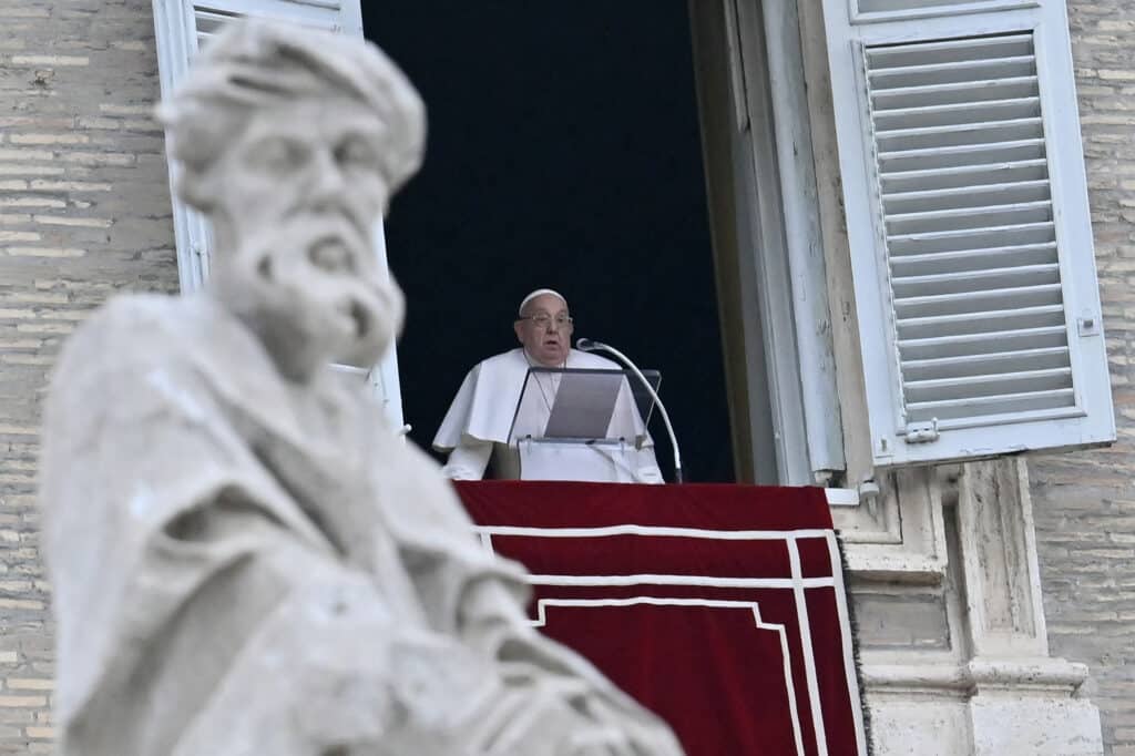 Pope calls for Gaza ceasefire to be 'immediately respected'. Pope Francis addresses the crowd from the window of the apostolic palace overlooking St. Peter's square for the Angelus prayer on January 19, 2025 in The Vatican. (Photo by Filippo MONTEFORTE / AFP)