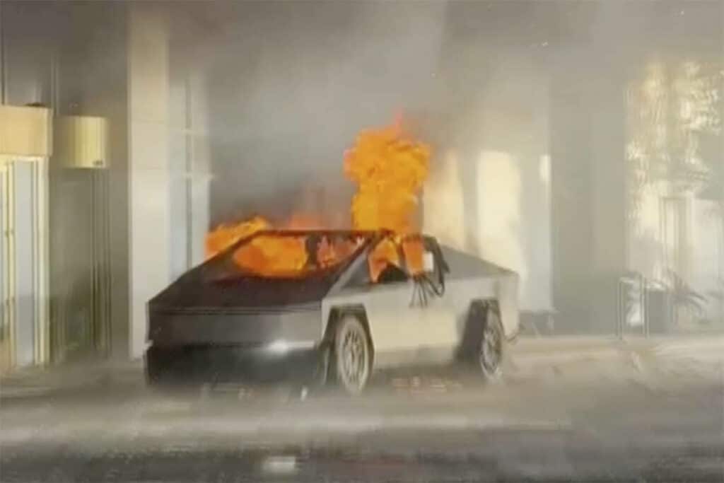 Soldier in Vegas blast left note: Wakeup call for country’s ills. This image provided by Alcides Antunes shows a Tesla Cybertruck that exploded outside President-elect Donald Trump's Las Vegas hotel early Wednesday, Jan. 1, 2025. (Alcides Antunes via AP)