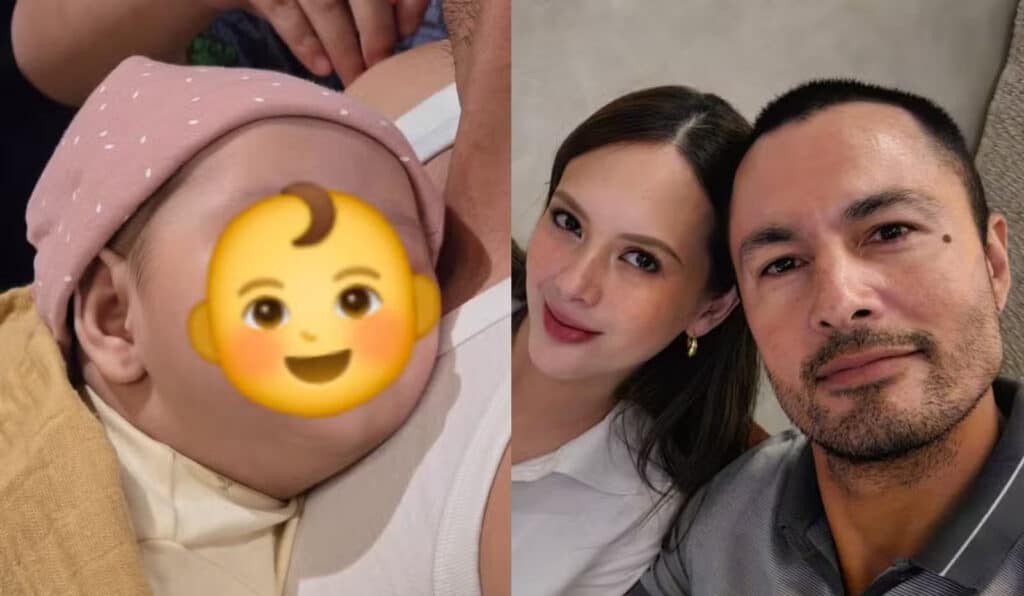 Anak ni Derek Ramsay ug ni Ellen Adarna nga gitakuban ang nawong sa emoji. Sa tuo nga photo si Ellen ug si Derek