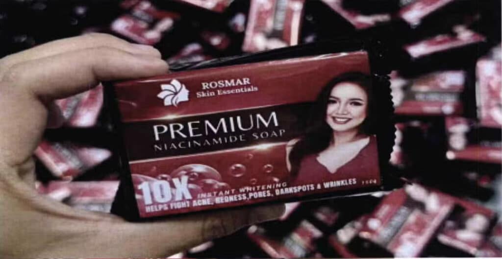 UNAUTHORIZED. Under FDA Advisory Nos. 2025-0028 and 2025-0029, the regulator says Rosmar Skin Essentials’ “Premium Niacinamide Soap” and “Mysterious Madre de Cacao Soap” have no valid certificate of product notification (CPN) as of Dec. 17, 2024, as verified by the regulator through post-marketing surveillance. PHOTO FROM FDA