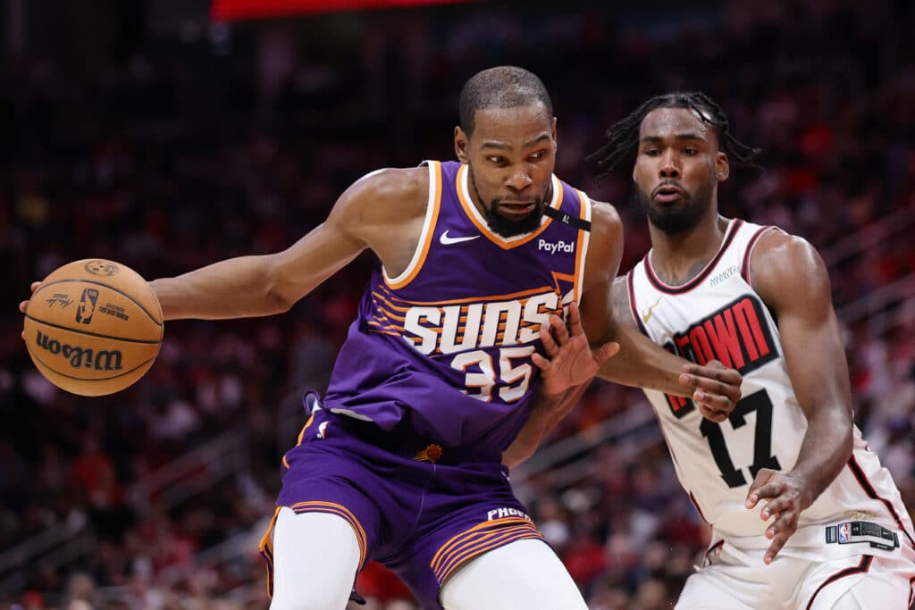 All-Star Game: Durant cherishes another chance to return to Chase Center. Kevin Durant #35 of the Phoenix Suns works against Tari Eason #17 of the Houston Rockets during the second half at Toyota Center on February 12, 2025 in Houston, Texas. | Alex Slitz/Getty Images/AFP