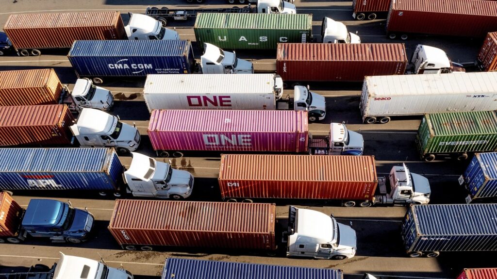 Trucks line up to enter a Port of Oakland shipping terminal on Nov. 10, 2021, in Oakland, Calif. (AP)