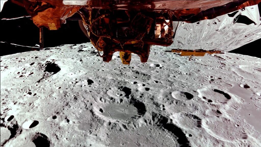 This still image taken from a February 24, 2025 video released by Firefly Aerospace shows Firefly's Blue Ghost lander on its third lunar orbit, showing the far side of the Moon and a top-down view of Blue Ghost. | Photo by Handout / Firefly Aerospace / AFP