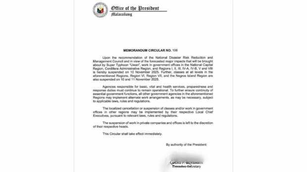 Malacañang Palace suspends classes on Nov. 10-11 amid Super Typhoon Uwan