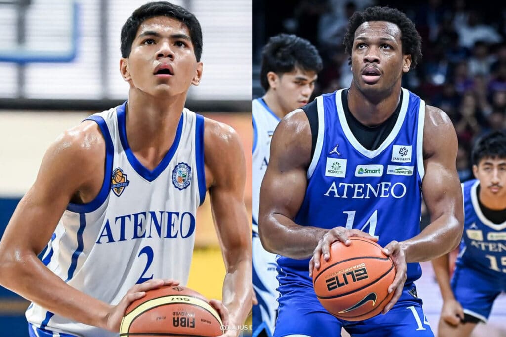 Rene Baterbonia (left) and Divine Adili of the Ateneo Blue Eagles