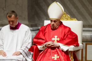 Pope Francis presides over the Good Friday Passion of the Lord service in Saint Peter's Basilica at the Vatican.