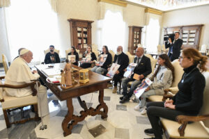 POPE: This photo taken and handout on April 8, 2024 by The Vatican Media shows Pope Francis during a meeting with relatives of Israeli hostages from the Bibas family (Shiri, Yarden, Ariel, Kfir), Omri Miran, Agam Berger, Guy Gilboa Dalal and Tamir Nimrodi, held in Gaza since October 7 attacks by Hamas militants. | AFP