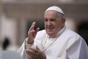FILE -Pope Francis waves as he leaves after his weekly general audience in St. Peter’s Square at The Vatican, Wednesday, April 10, 2024.